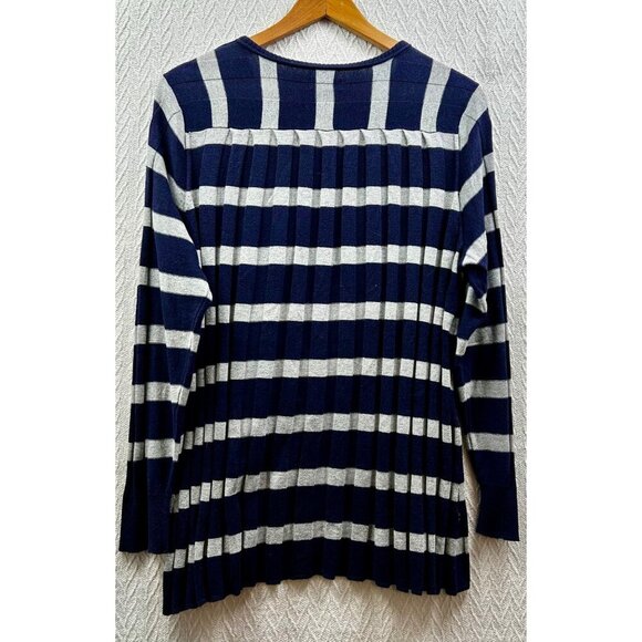 Striped Navy & Gray Open Front Cardigan Sweater Pleated Front & Back LARGE - Picture 8 of 12